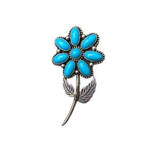 Eight Stone Turquoise Flower Pin / Pendant with Sterling Stem - Signed - 2 1/2 "